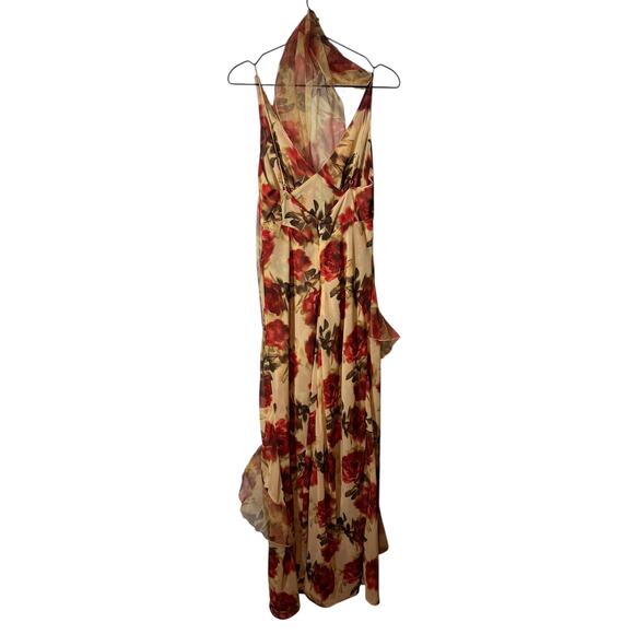 New For Love & Lemons Floral Stems Chiffon Scarf Maxi‎ Dress Red Roses Medium - Picture 5 of 9